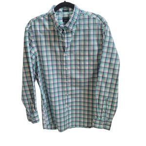 J Crew long sleeve plaid shirt Large Slim Flex Washed Blue Green Plaid
